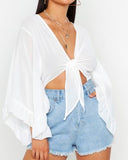 White Petite Ruffle Sleeve Tie Front Top