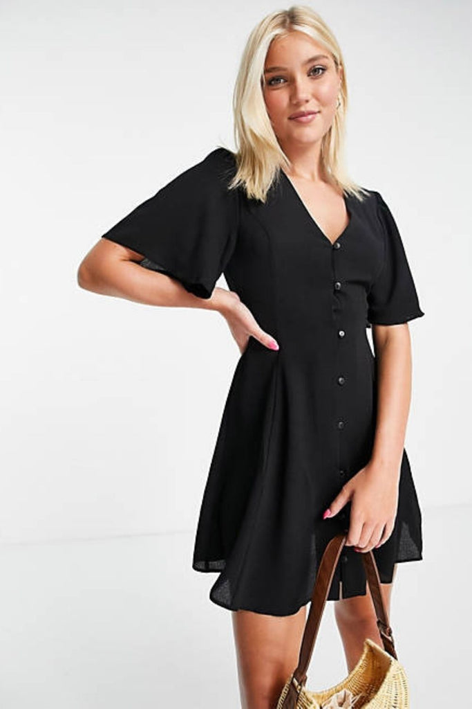 Button Through Tie Back Mini Tea Dress With Angel Sleeve In Black
