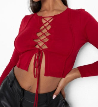 Exposed Seam Knitted Lace Up Long Sleeve Top