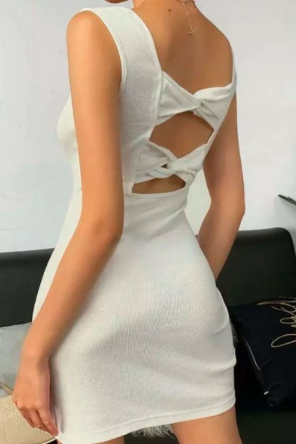 Hollow Out Twist Slit 
Bodycon Dress In White