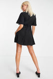 Button Through Tie Back Mini Tea Dress With Angel Sleeve In Black