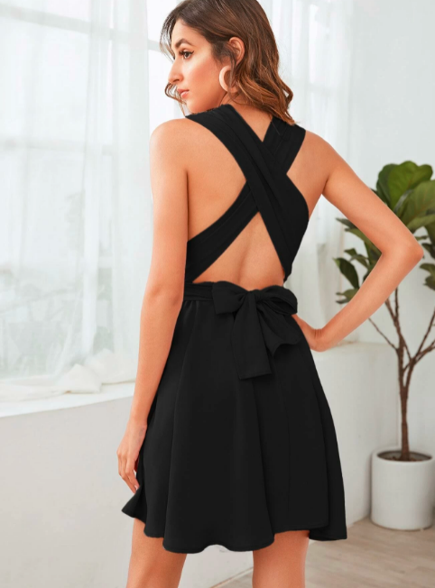 Backless plunge neck dress Styched Fashion