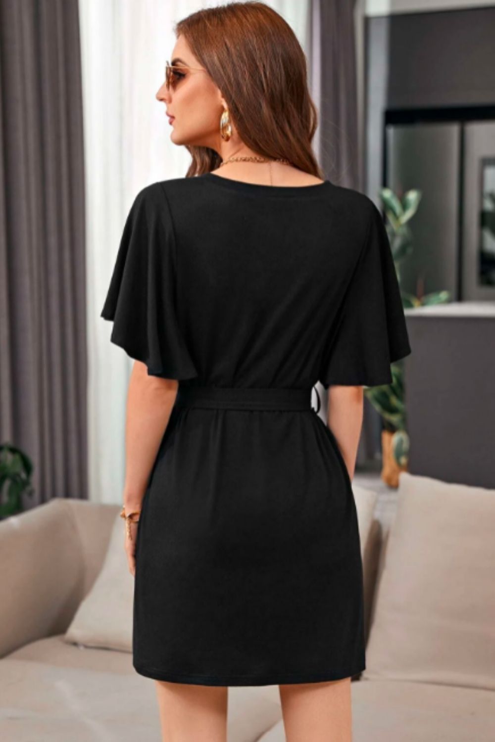 Bell Sleeve Belted Solid Dress