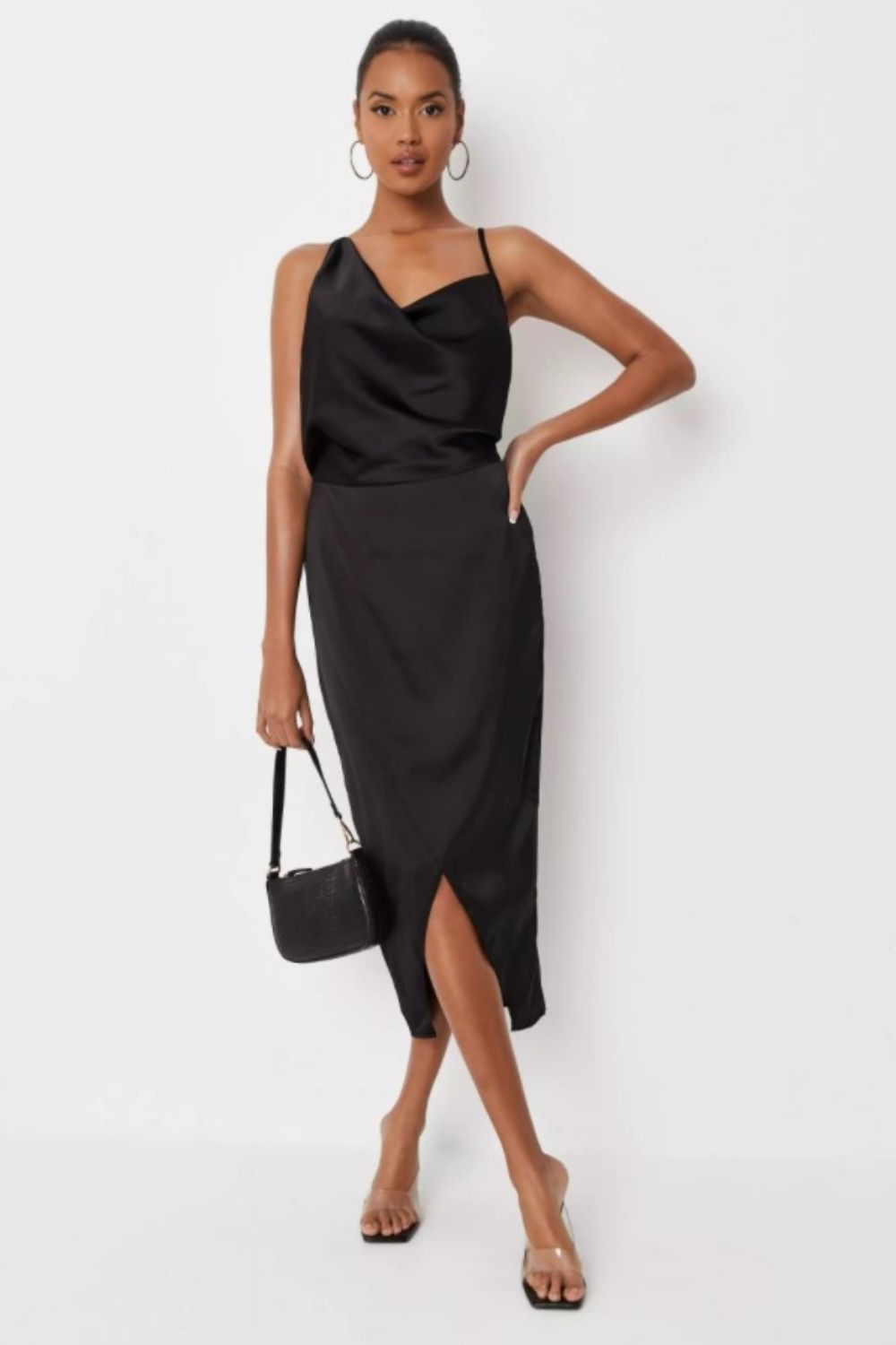 Black Asymmetric Drape Midi Dress