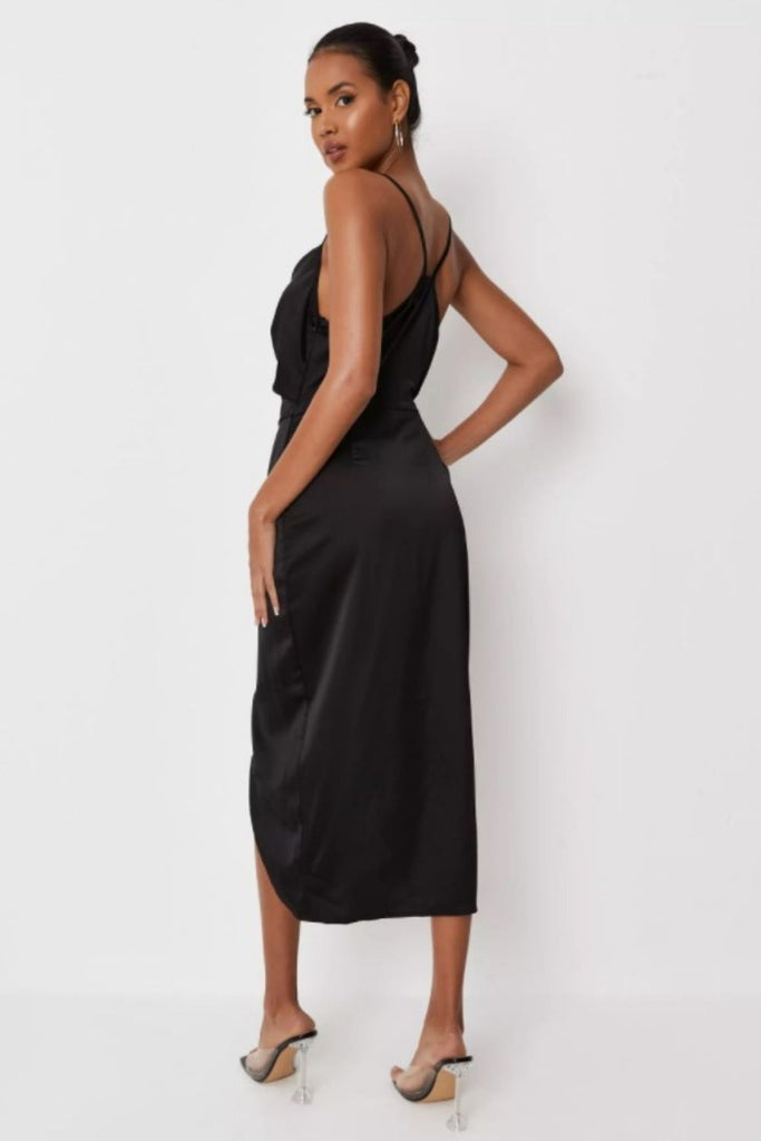 Black Asymmetric Drape Midi Dress