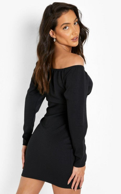 Black Bardot Long Sleeve Mini Dress