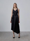 Black Belted Asymmetrical Silky Midi Dress