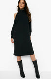 Black Long Sleeve Roll Neck Midi Dress