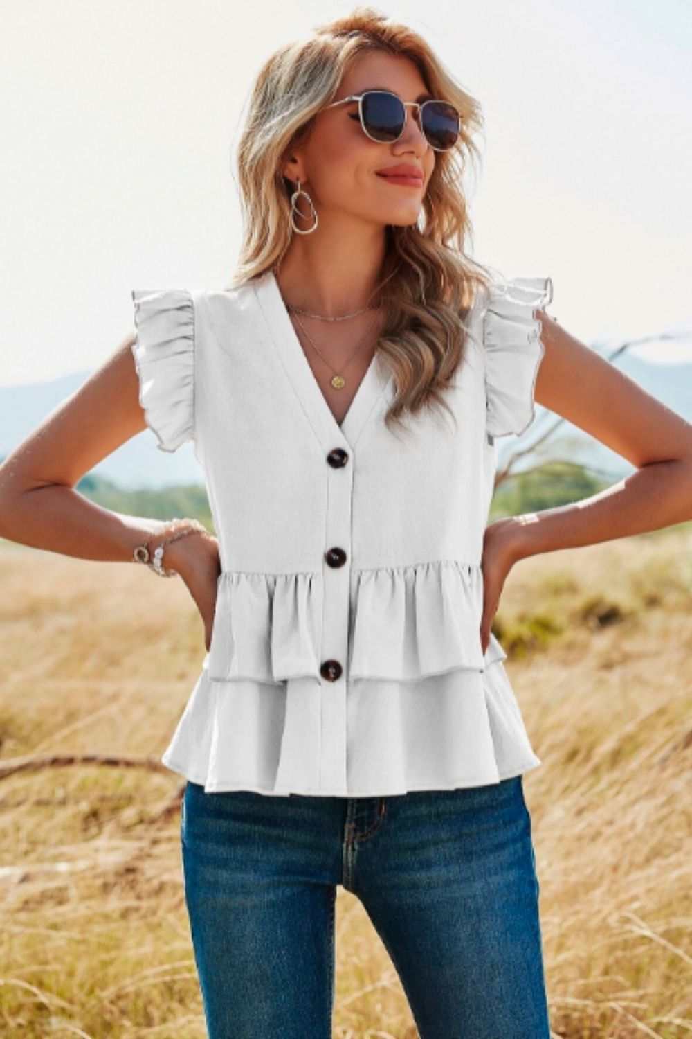 Button Down Ruffle Tiered Top