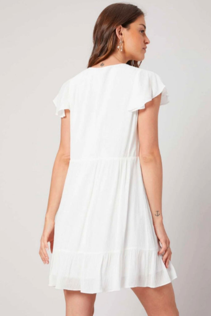 Button down tiered white mini dress