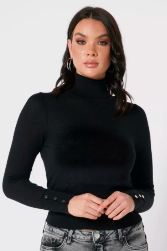 Buttoned Sleeve Black Top