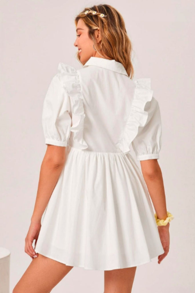 Collared Ruffle Trim Dress White