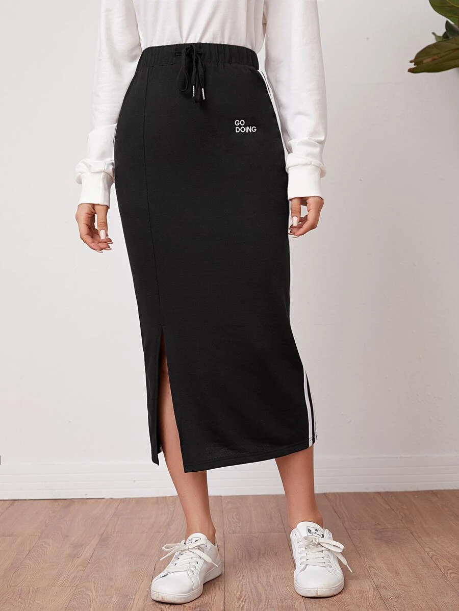 Drawstring Striped Side Split Hem Skirt