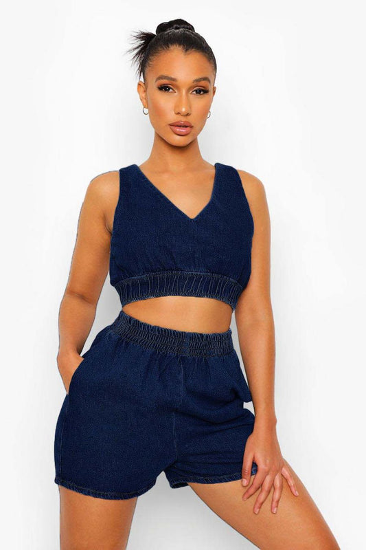 Cute V Neck Denim Top With Shorts Coord Set