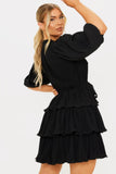 Flared Black Plunge Neck Mini Black Dress