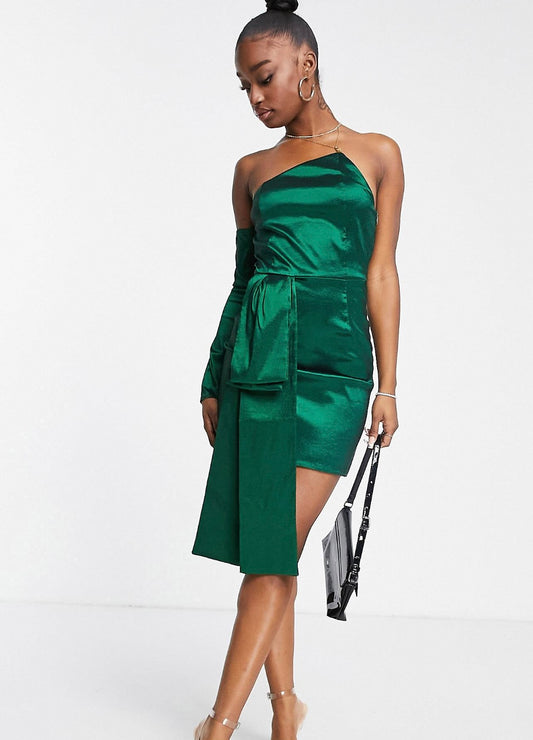 Forest Green Petite Self Fabric Hanging Belt Dress