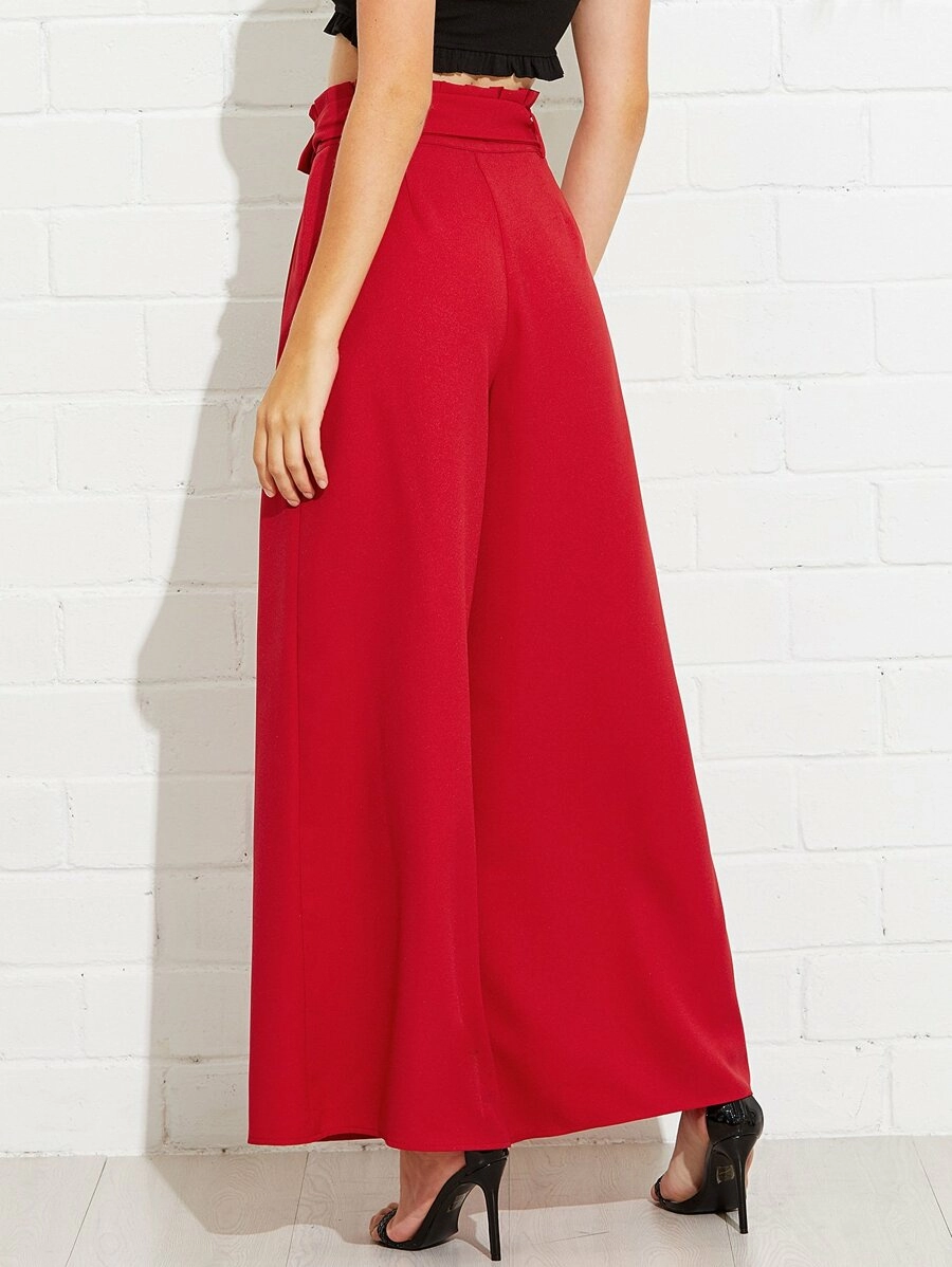 Frilled high waist belted wide leg pants best sale