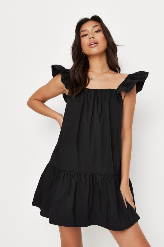 Frilled Strap Black Mini Dress