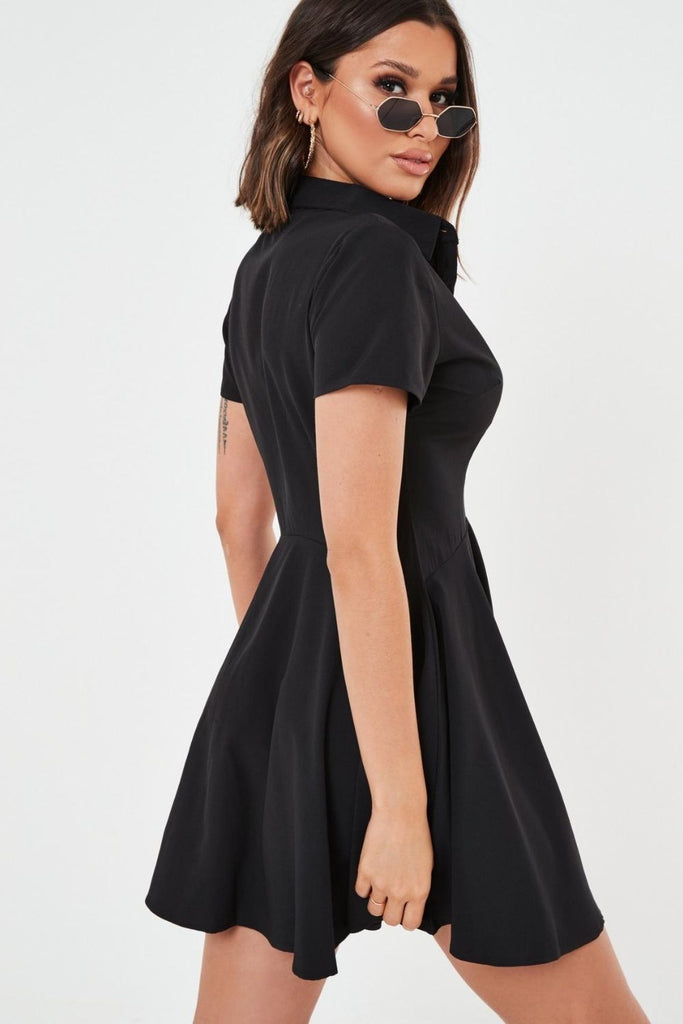 Front open Short Sleeve Flared Black Mini Dress