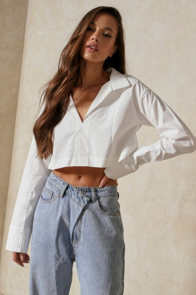 Full Sleeves Boxy White Crop Top
