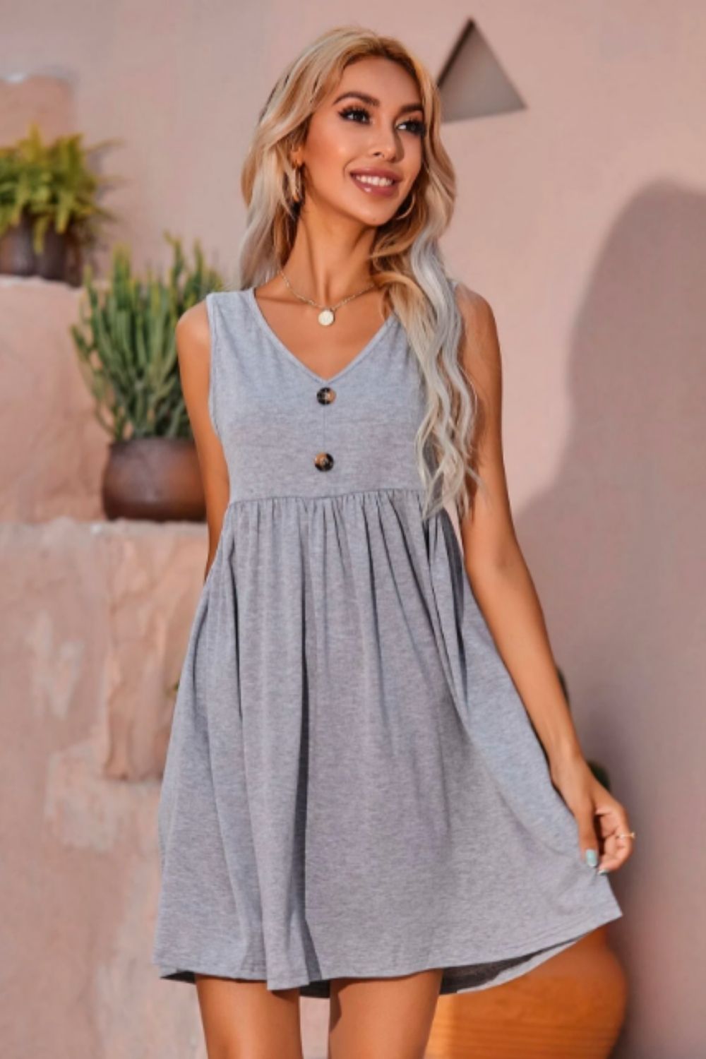 Grey Button Front Smock Dress