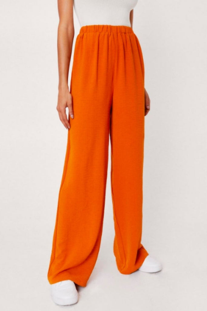 Bright Orange Plisse High Waist Wide Leg Trousers  PrettyLittleThing