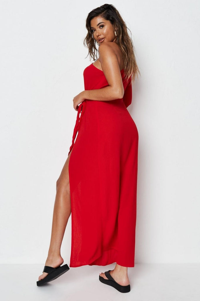 Knot Detailed At The Waist Slit Red Maxi Dress