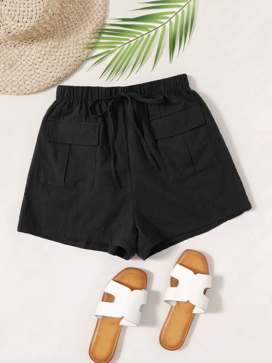 Knot Waist Flap Pocket Patched Shorts