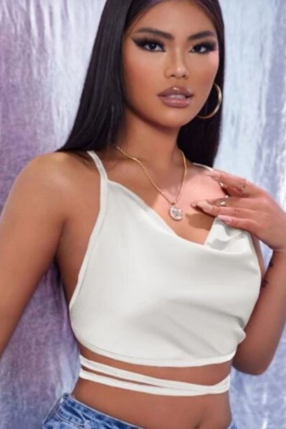 Lazy White Cowl Neck Crop Top