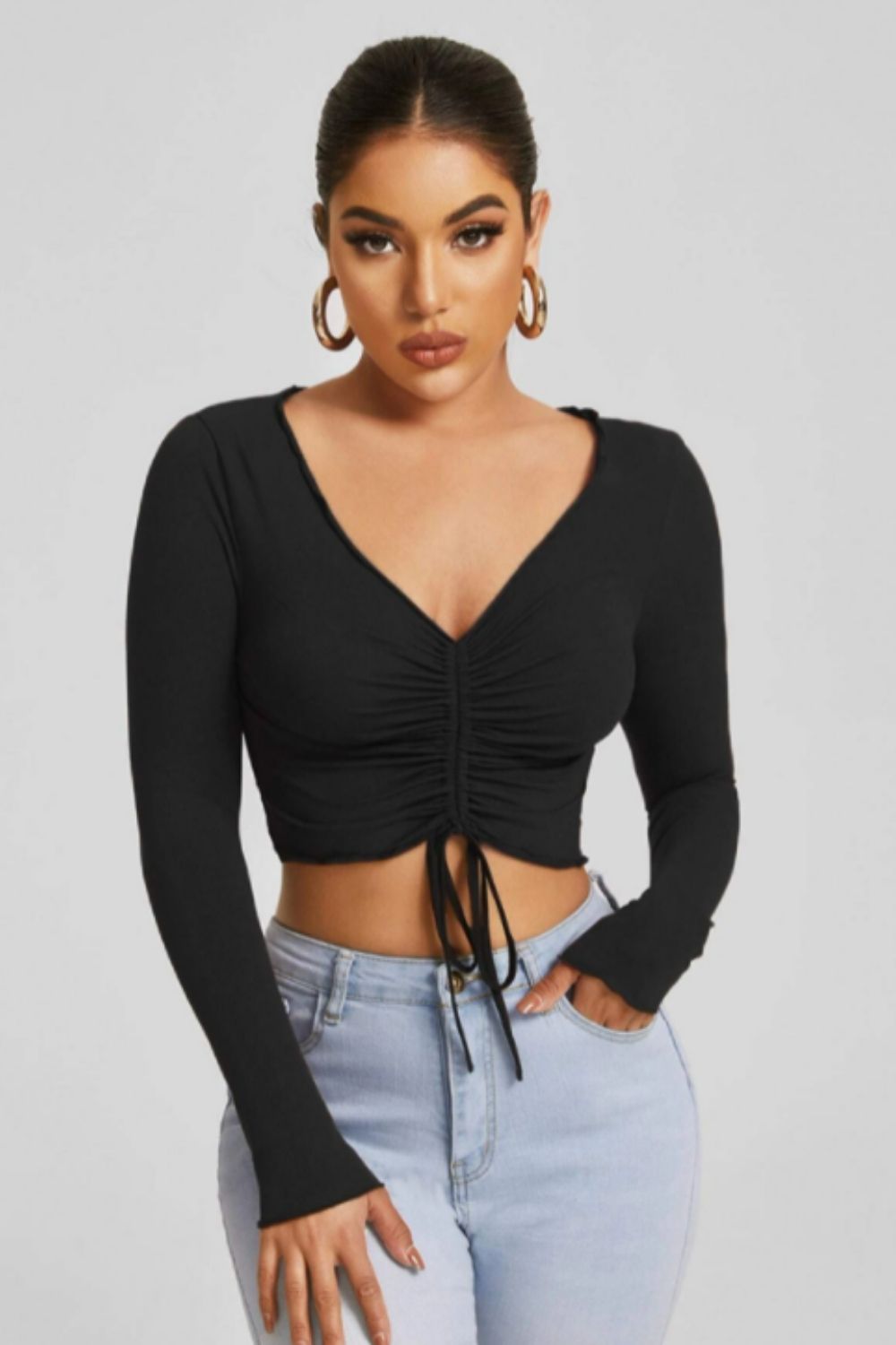 Lettuce trim Drawstring Ruched Front Crop Tee