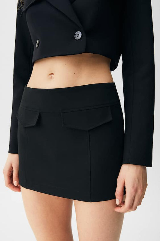 Black Mini Skirt With Flap Detail