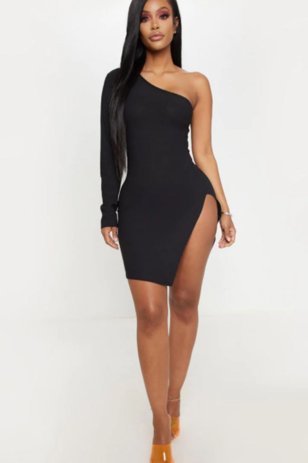 Mini One shoulder Side Slit Black Dress
