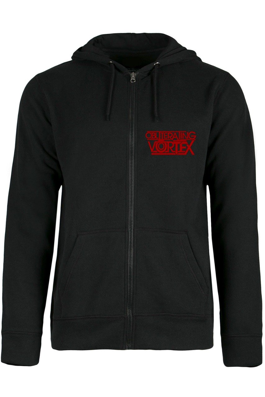 Black Zipper Hoodie With Red Chest Print