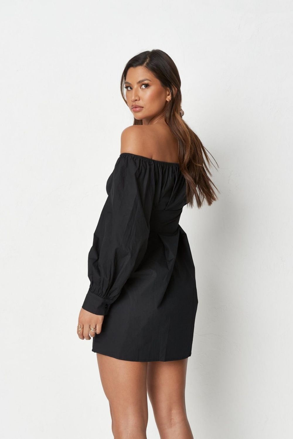 Off Shoulder Button Open Front Black Mini Dress