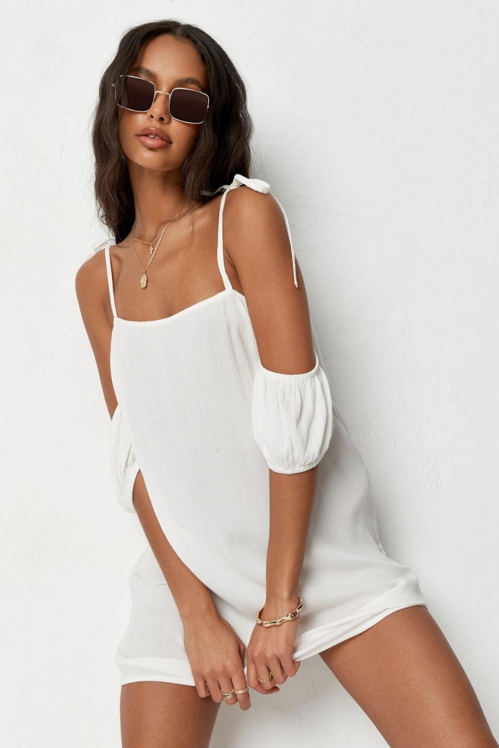 Off Shoulder With Tie Knot Straps White Mini Dress
