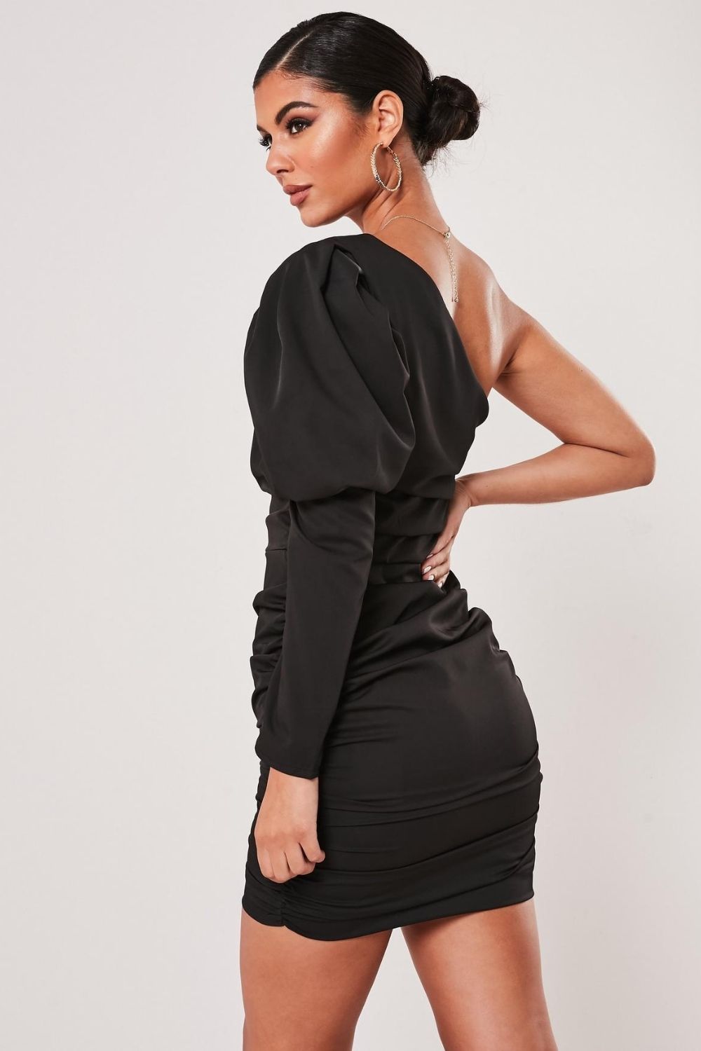 One Shoulder Puff Sleeve Black Dress