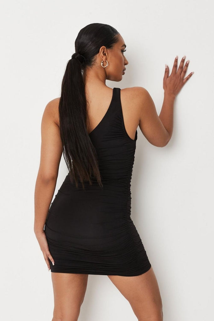 One Shoulder Strap Black Mini Dress