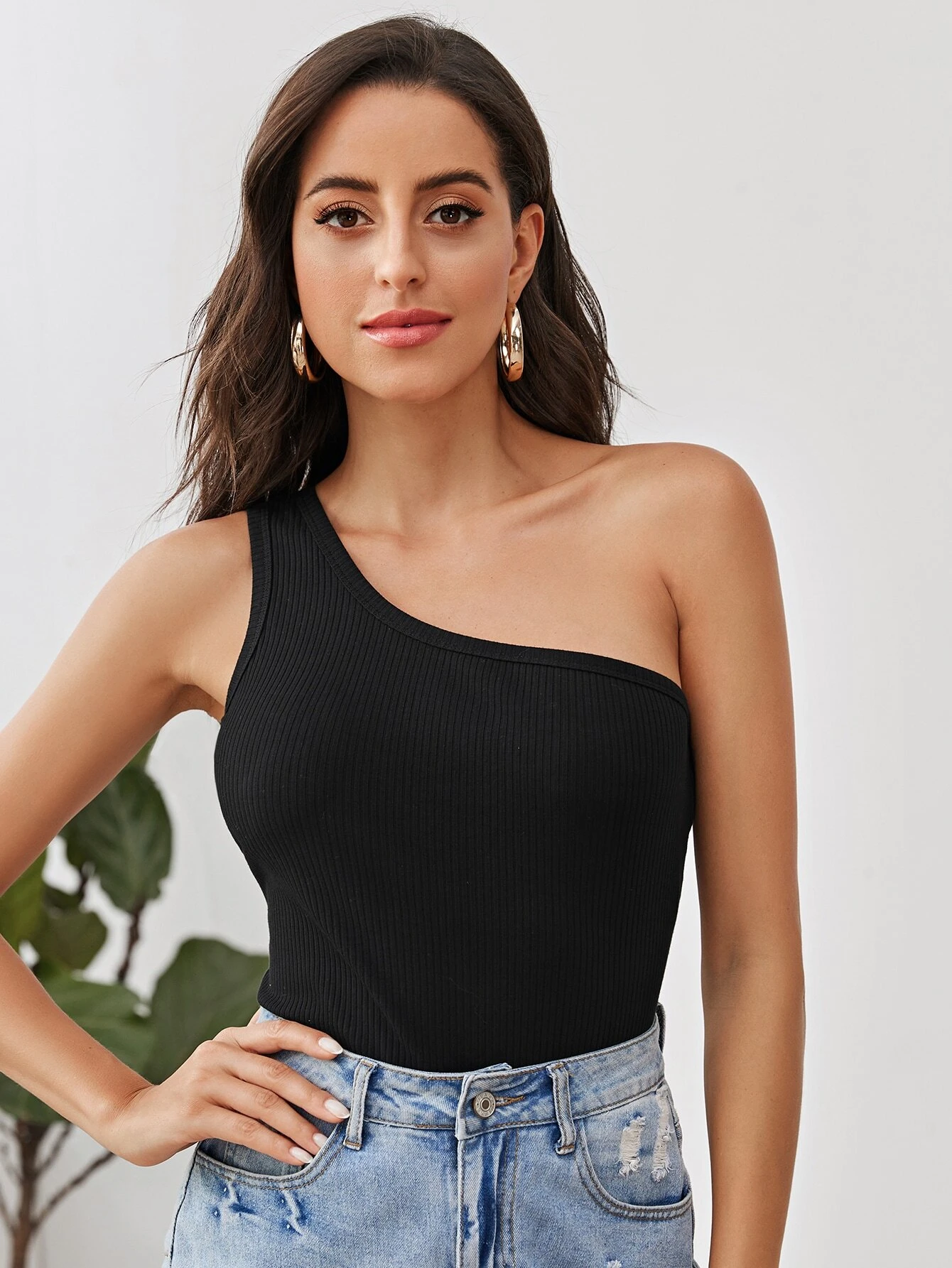 One Shoulder Black Fitted Top