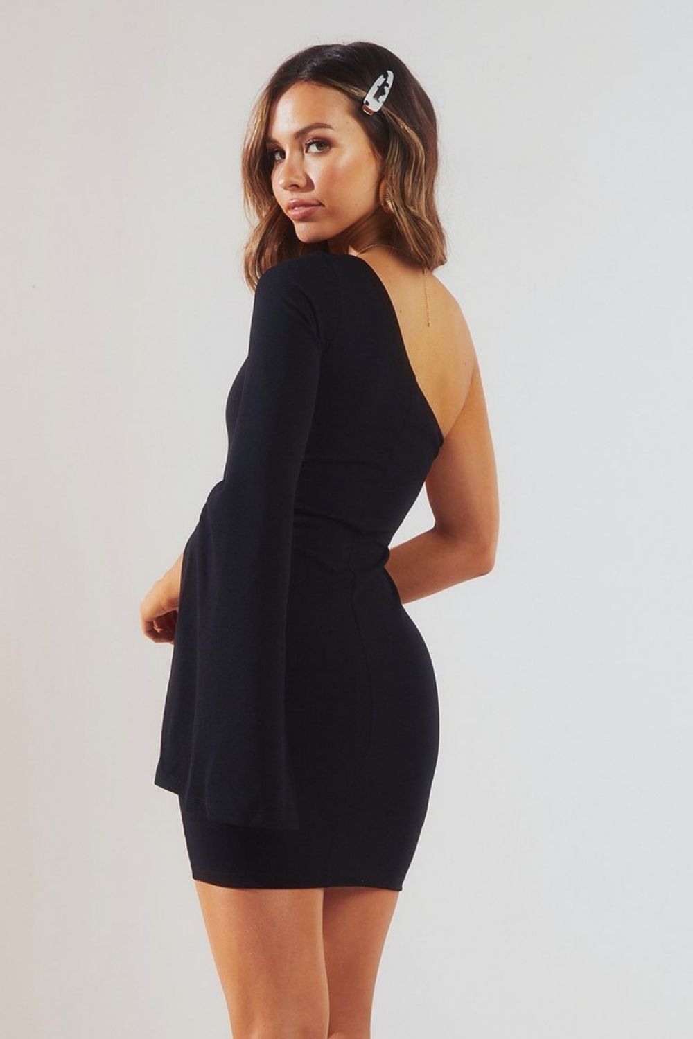 One Shoulder Split Sleeve Mini Dress Black