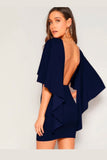 Open Back Asymmetrical Sleeve Dress Blue