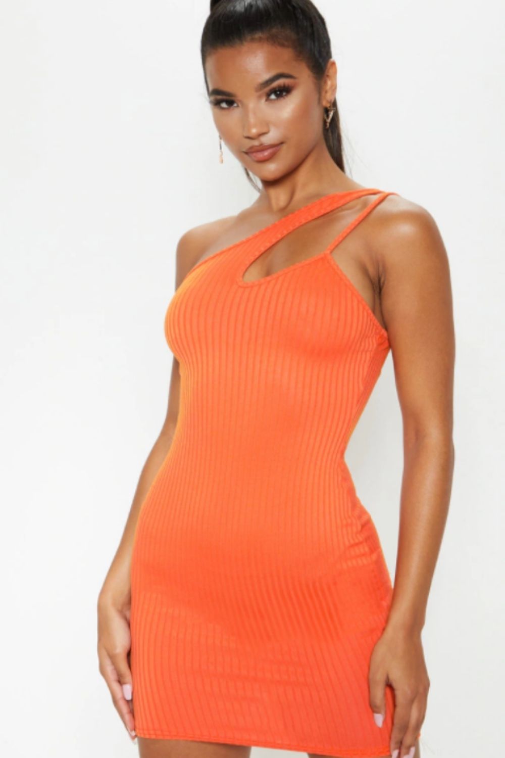 Orange Asymmetrical Neckline Mini Dress