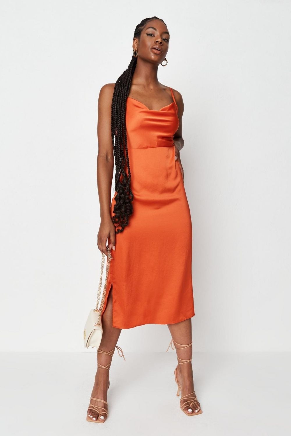 Orange Cowl Neck Dress Up Midi Dress