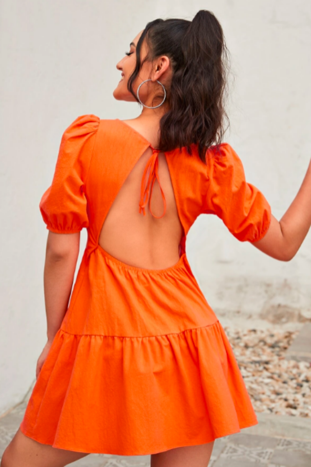 Orange Tie-back Puff Sleeve Ruffle Hem Dress