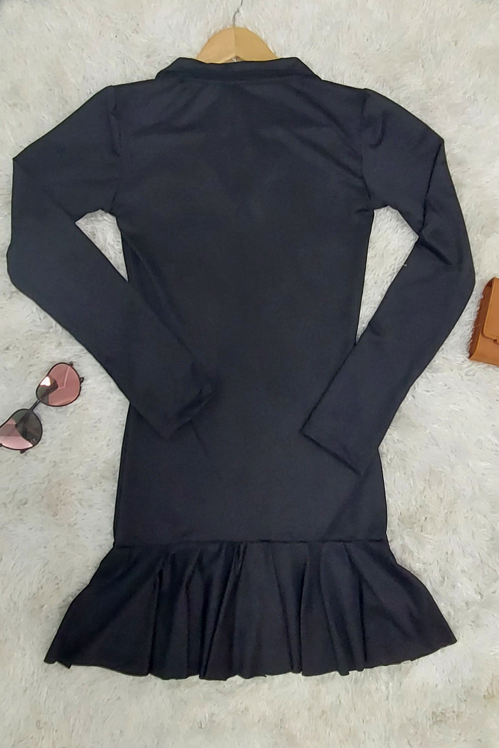 Collared Pleated Hem Full Sleeves Mini Dress - Main Image