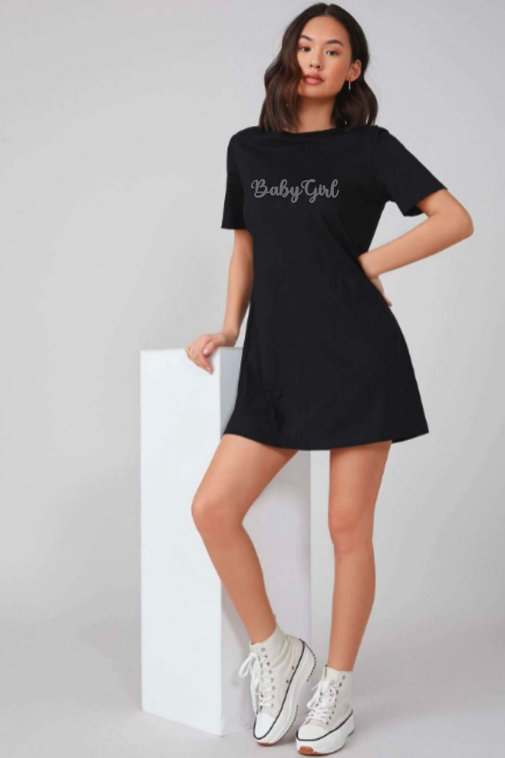 Baby Girl Graphic Printed Black Solid T-shirt Dress