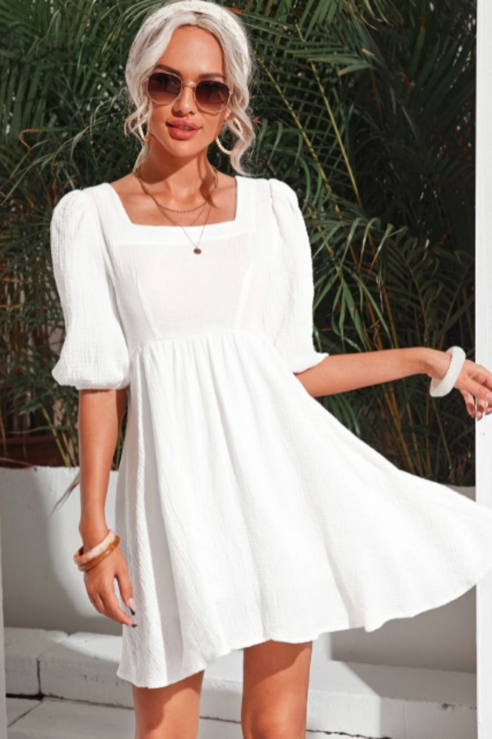 Puff Sleeve Tie Back Solid Dress