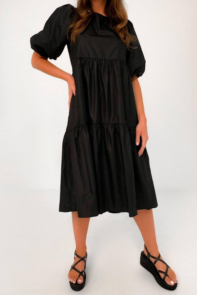 Puff Sleeved Black Ruffle Midi Dress