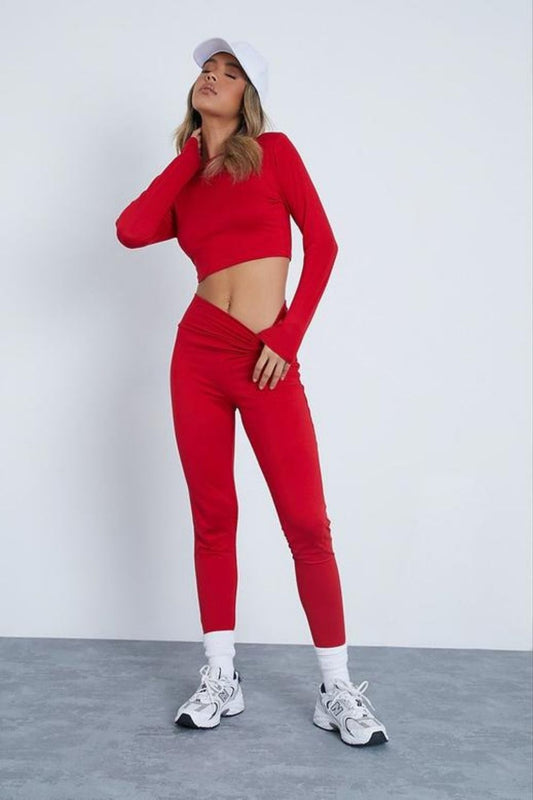 Red Full Sleeves Slim Fit Crop Top