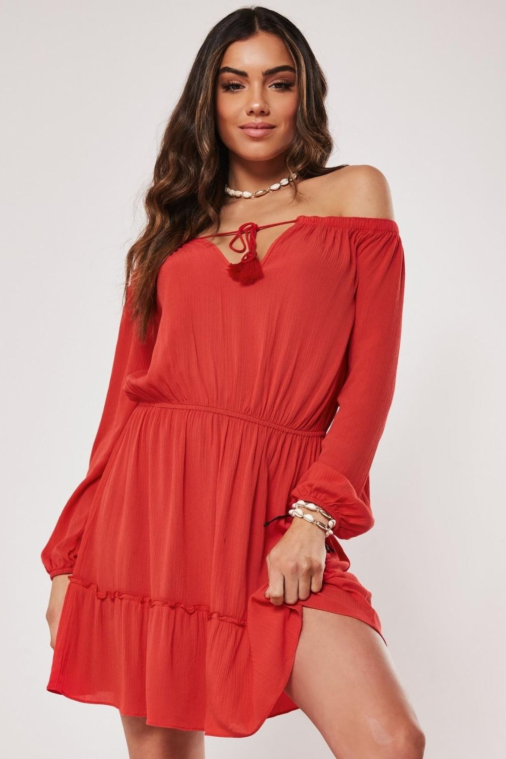 Red Off Shoulder Mini Flare Dress