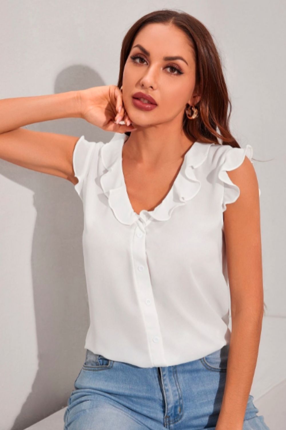 Ruffle Trim Button Down Solid Blouse